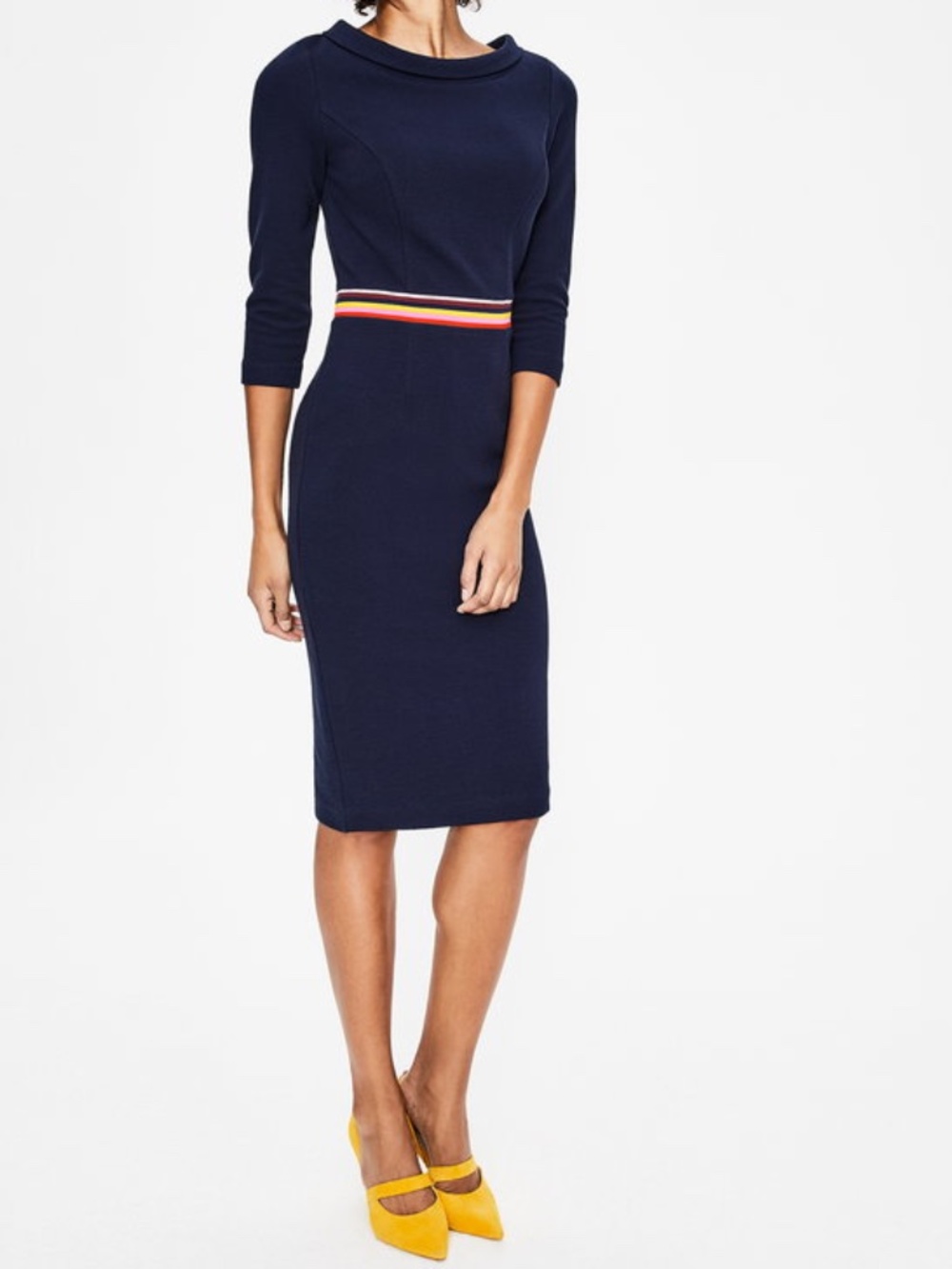 New! Boden Daisy Ottoman Rainbow Stripe Navy Blue Knit Sheath Dress Women Size 8 - Picture 3 of 13